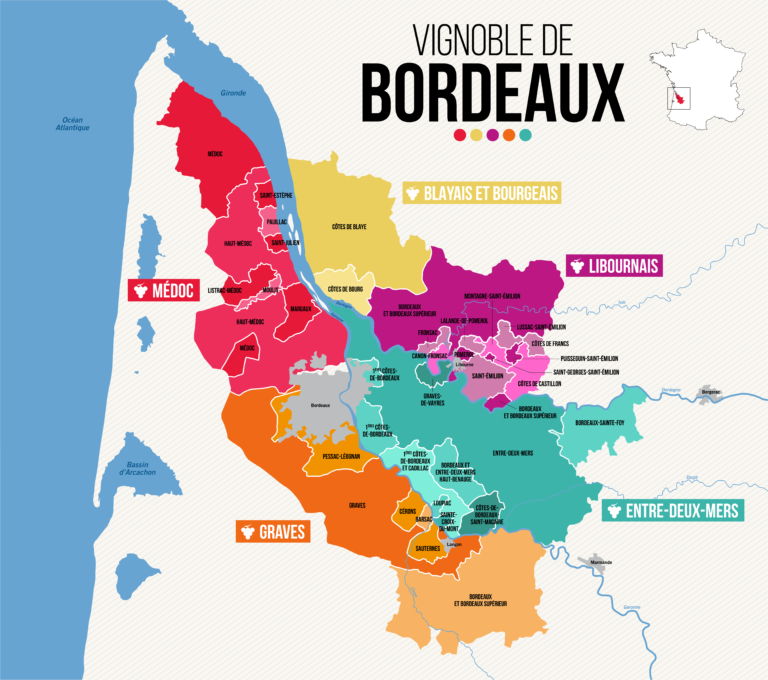 Carte du vignoble de Bordeaux, à découvrir lors de votre wine tour.