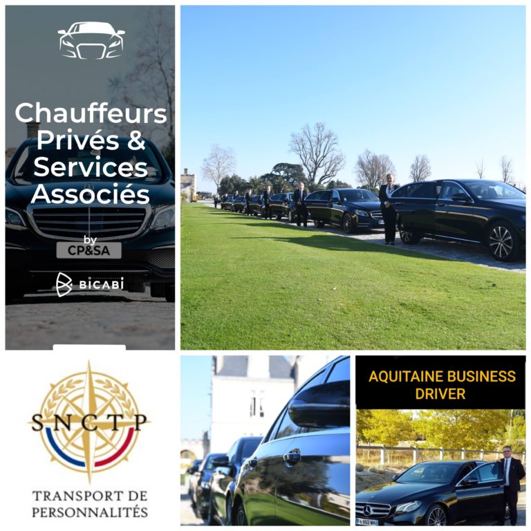 Plusieurs images présentant Aquitaine Business Driver, sa flotte de véhicules et ses chauffeurs privés.